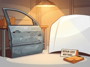 Beschadigde autodeur met deuken naast een perfect gespoten paneel op garagevloer, met prijskaartje en polijstdoek.