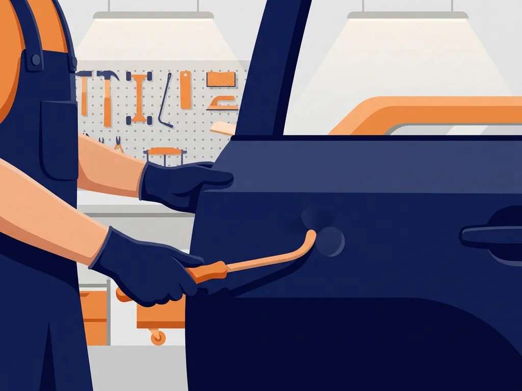 Vakkundige handen die een kleine deuk in een autoportier repareren in een professionele carrosserieworkplaats.