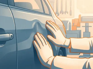 Monteurshanden die een deuk wegdrukken uit een glanzend blauw autoportier in een werkplaats.
