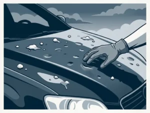 Hagelschade op motorkapmet tientallen deuken, smeltende hagelstenen op donker metaal, bewolkte lucht op de achtergrond.