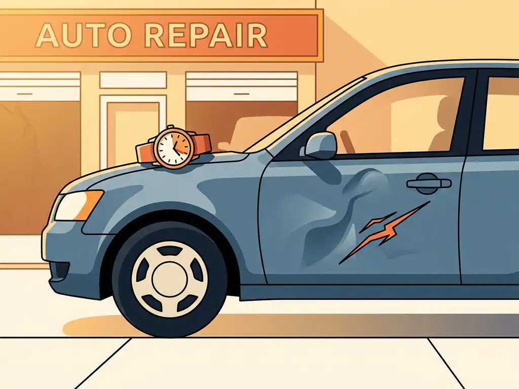 Beschadigde autoportier met deuk en lakschade bij een autogarage, met een horloge op de motorkap dat urgentie uitbeeldt.
