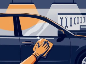 Autoruiten technicus in handschoenen polijst gerepareerd portier in professionele garage met gereedschap op achtergrond.