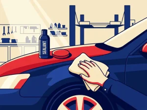 Autopaneel dat wordt gebuffed met microvezeldoek na reparatie, met lakdichter en applicatorpad op de motorkap.