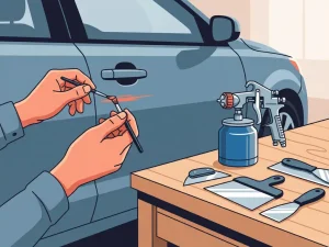 Handen die touchup-verf aanbrengen op een gekraste autoportierpaneel, met spuitpistool en carrosserie-gereedschap op werkbank.