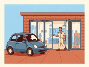 Monteur verwelkomt automobilist bij de ingang van een autoreparatiewerkplaats met open glazen deuren.