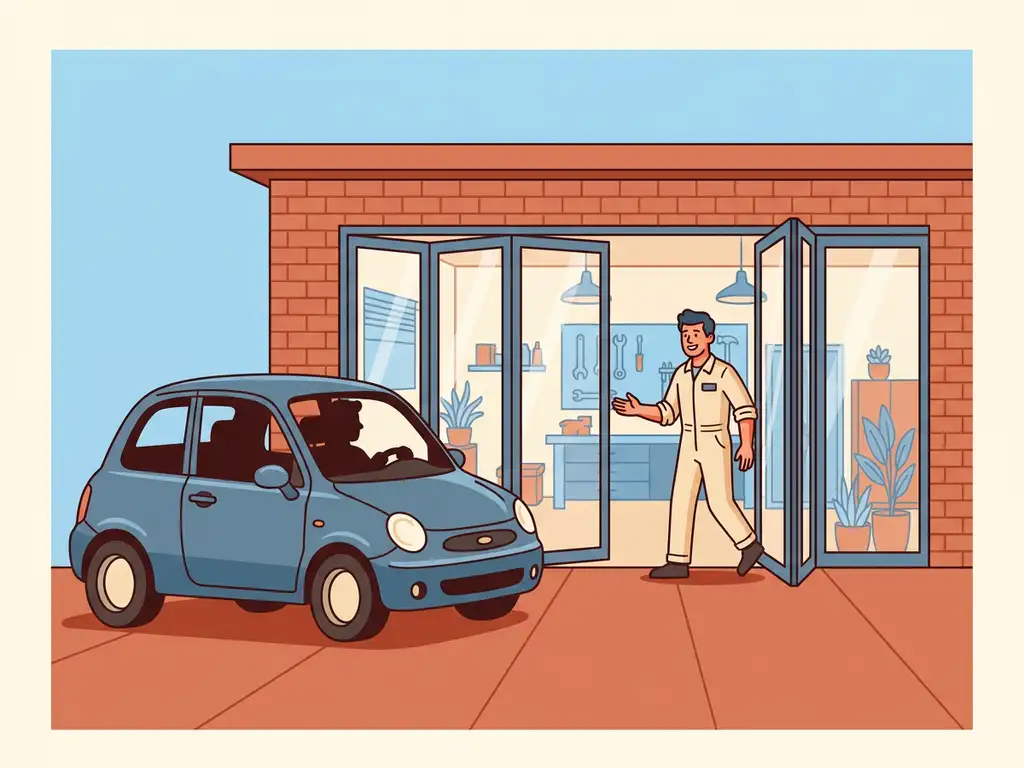 Monteur verwelkomt automobilist bij de ingang van een autoreparatiewerkplaats met open glazen deuren.