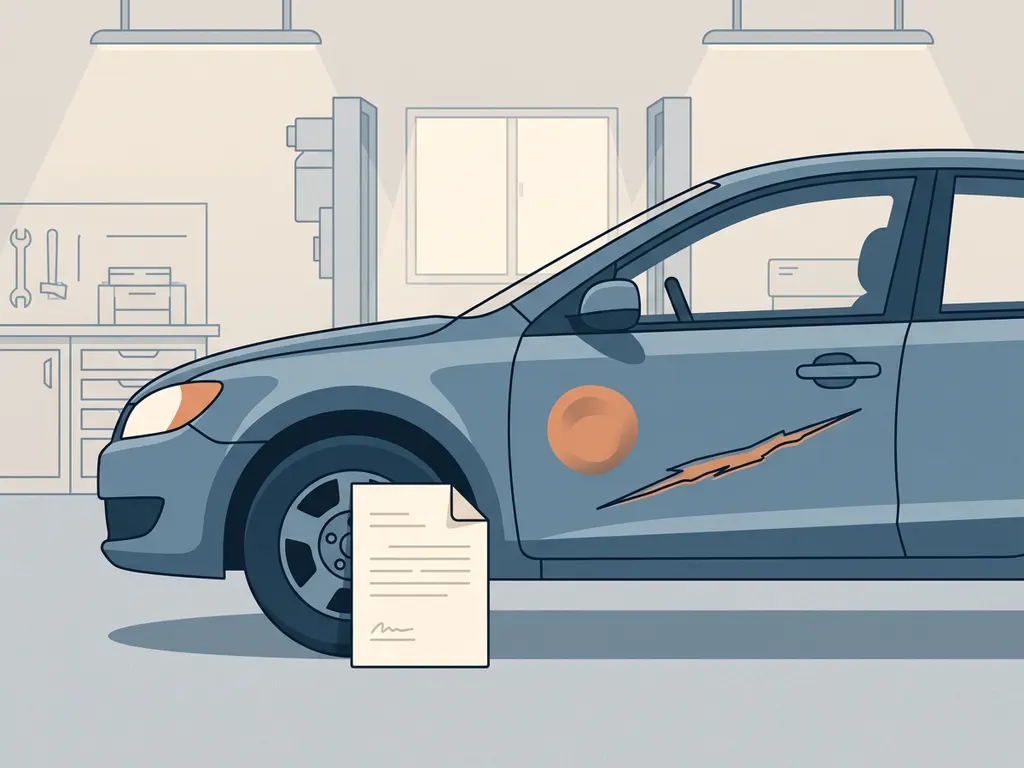 Beschadigd autoportier met deuk en kras, met verzekeringsdocument tegen het wielscherm in een autoreparatiewerkplaats.