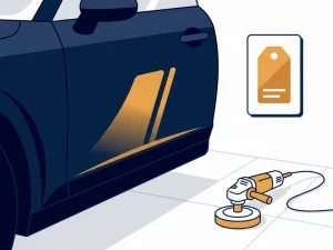 Glanzend gerepareerd autopaneel met polijstmachine en prijskaartje op garagevloer, illustratie in marineblauw en amber.