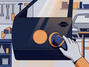 Technicus polijst een vlek­keloos gerepareerd portier in een professionele carrosserie­werkplaats.