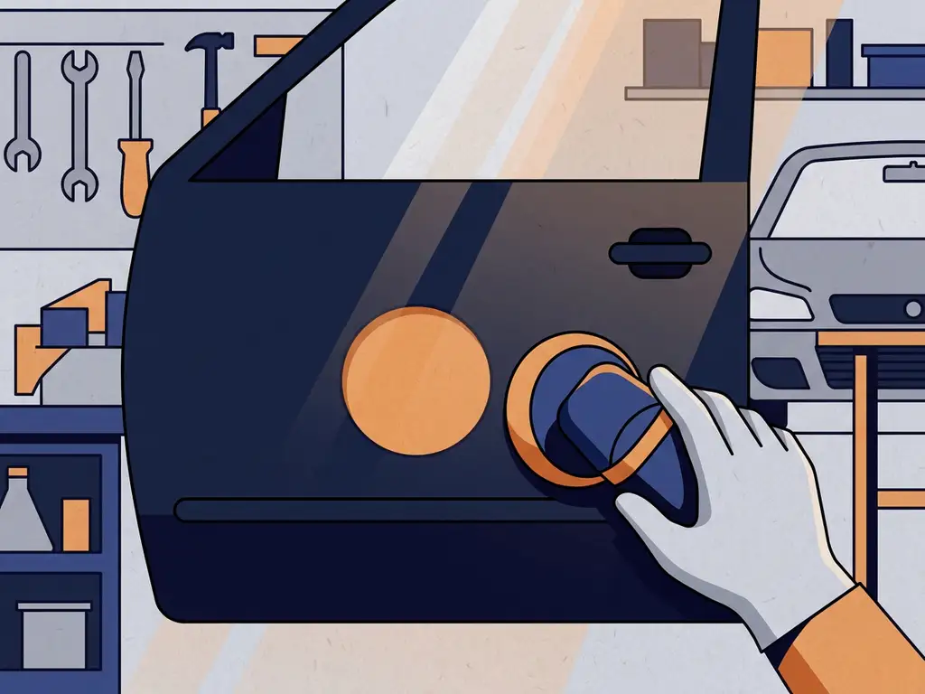 Technicus polijst een vlek­keloos gerepareerd portier in een professionele carrosserie­werkplaats.