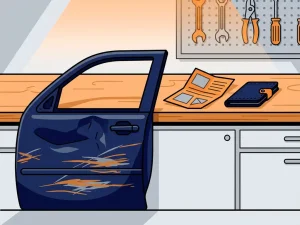 Beschadigde autodeur met deuk en kras naast een verzekeringsdocument en portemonnee op een werkbank van een autogarage.