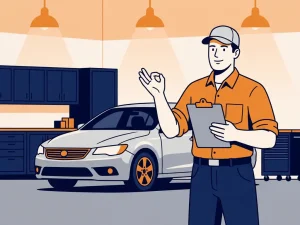 Zelfverzekerde automonteur met klembord in nette werkplaats, zilveren gerepareerde auto op achtergrond, vlakke vectorillustratie.
