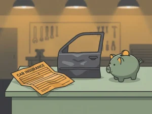 Verkreukeld autoverzekeringsdocument naast een gedeukt autoportier en spaarpot op een werkbank.