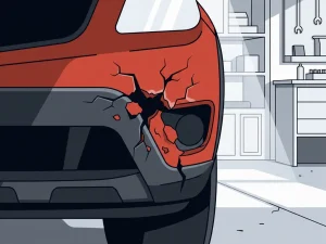 Beschadigde autobumper met scheuren en afbladderende verf, geïllustreerd in vlakke stijl met houtskool, rood en wit kleurenpalet.