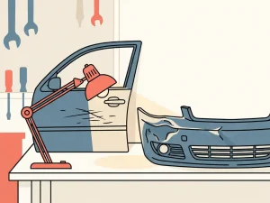 Beschadigde autodeurbeplating en flink gedeukte bumper op werkplaatsvloer, verlicht door monteurslamp.