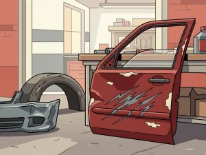 Beschadigde autodeur met diepe krassen en afgebladderde lak in een autoreparatiewerkplaats, met gekreukelde bumper op de achtergrond.