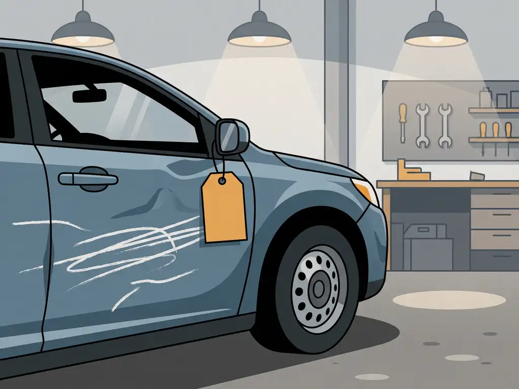 Beschadigde autodeur met verfkrassen en prijskaartje aan buitenspiegel in een autogarage.