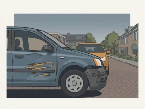 Beschadigde blauwe autoportier met verse schraapschade op een Nederlandse woonstraat, tweede voertuig zichtbaar op de achtergrond.