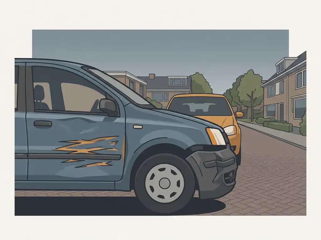 Beschadigde blauwe autoportier met verse schraapschade op een Nederlandse woonstraat, tweede voertuig zichtbaar op de achtergrond.