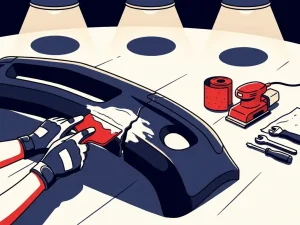 Technicus met handschoenen die vulmiddel aanbrengt op een beschadigde autobumper in een werkplaats.