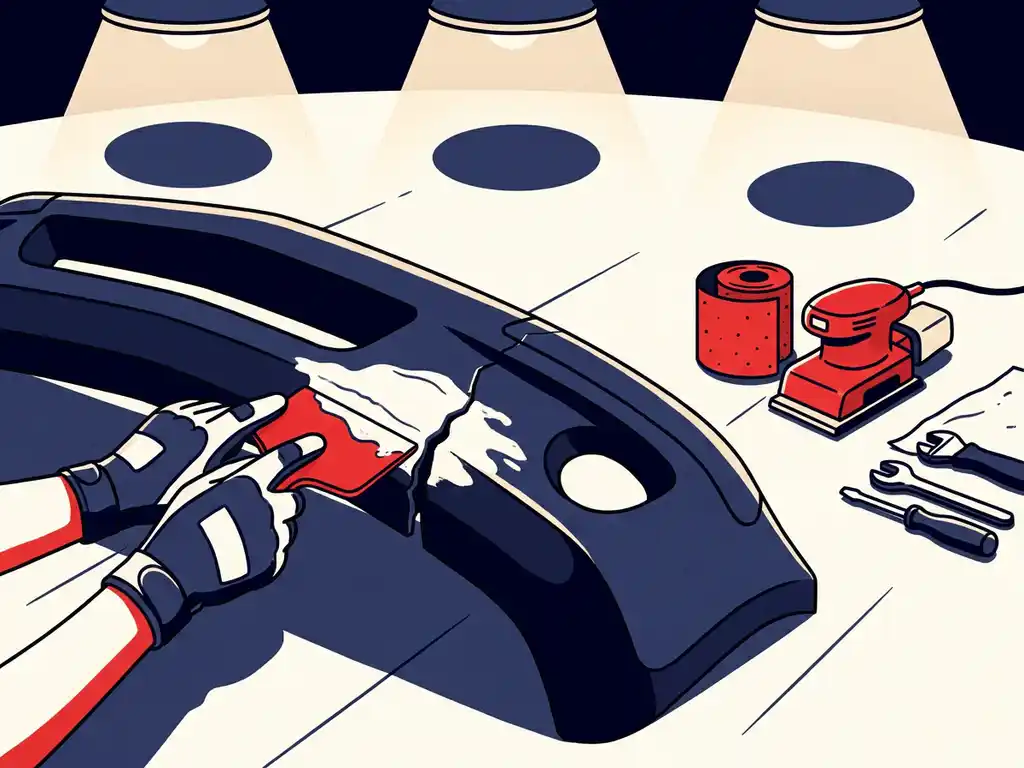 Technicus met handschoenen die vulmiddel aanbrengt op een beschadigde autobumper in een werkplaats.