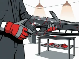 Technicus met werkhandschoenen houdt beschadigde grijze autobumper vast in een nette autogarage, zichtbare scheuren en krassen.