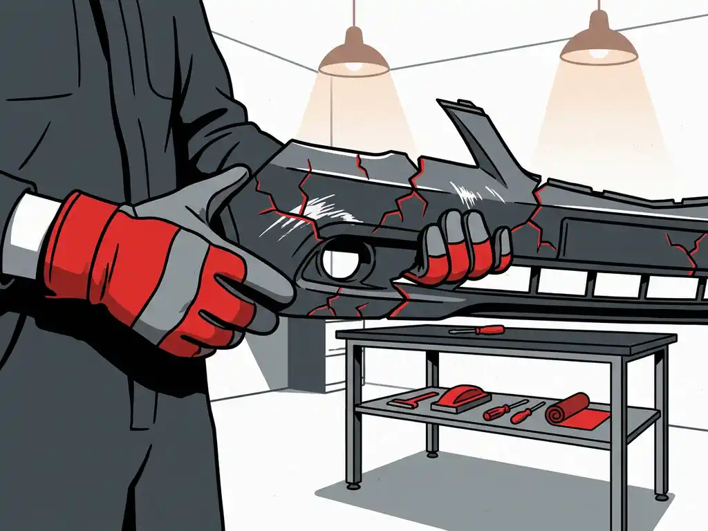 Technicus met werkhandschoenen houdt beschadigde grijze autobumper vast in een nette autogarage, zichtbare scheuren en krassen.