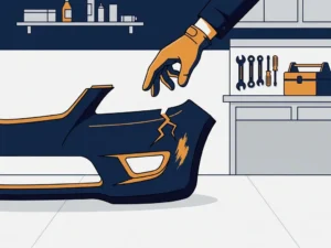 Beschadigde autobumper met scheur en lakschade op garagevloer, technicus met handschoen onderzoekt de schade.