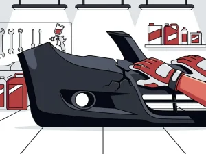 Technicus in handschoenen inspecteert beschadigde autobumper met scheuren in een professionele werkplaats.