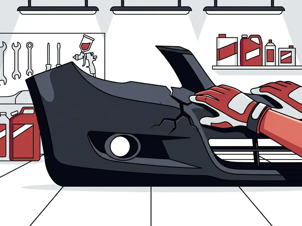 Technicus in handschoenen inspecteert beschadigde autobumper met scheuren in een professionele werkplaats.