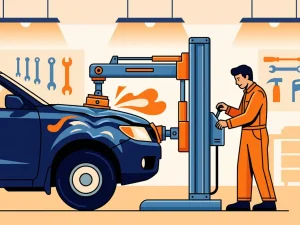 Beschadigde donkerblauwe carrosserie die met professioneel frame-uitlijnapparaat wordt rechtgetrokken in een autoschadeherstelwerkplaats.