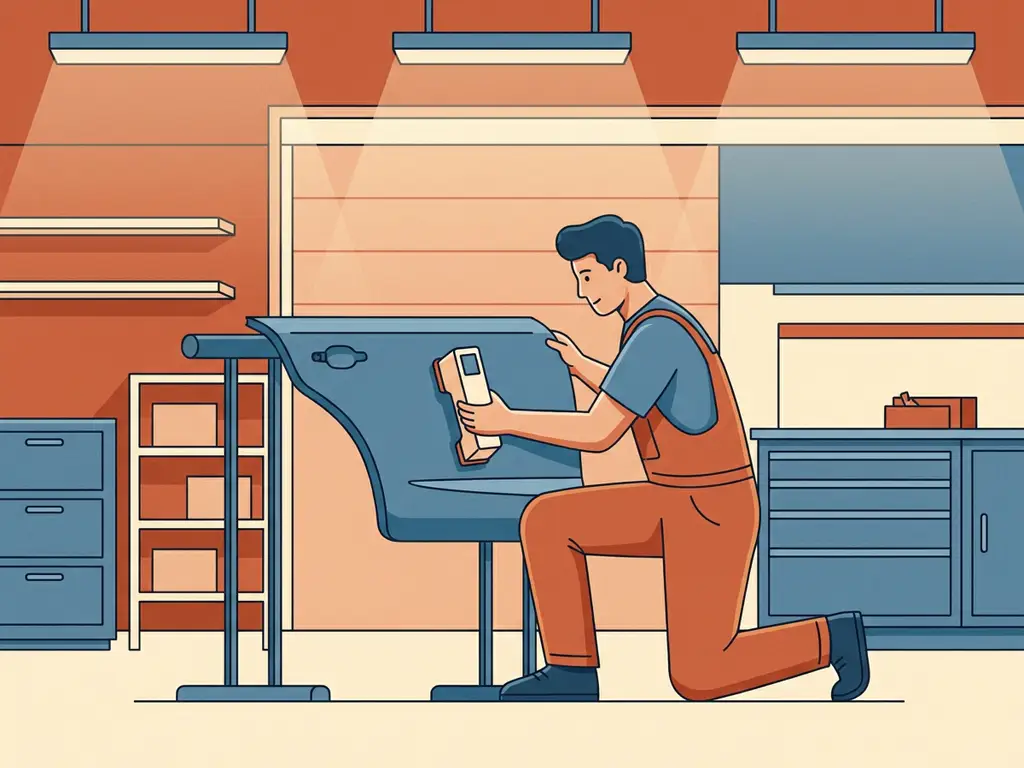 Auto body technicus controleert hersteld carrosseриепaneel met kleurmatchtool in professionele werkplaats.

Wait, let me redo that properly.

Auto body technicus controleert hersteld carrosseriepaneel met kleurmeetapparaat in een professionele reparatiewerkplaats.
