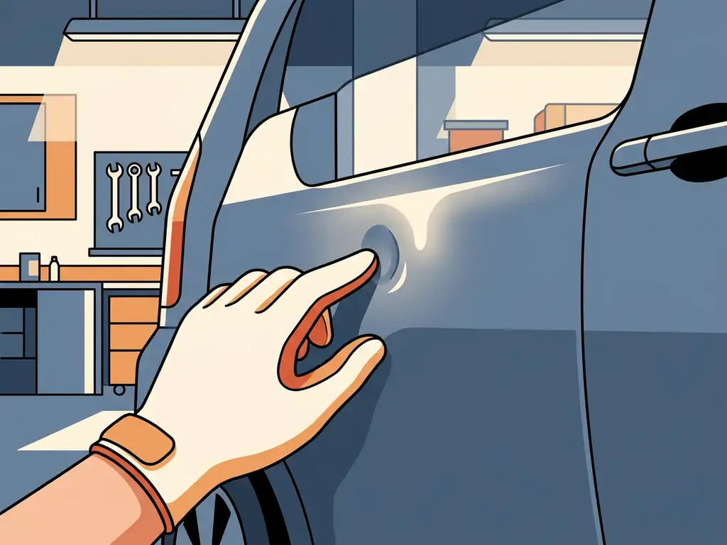Gehandschoende hand die een deuk in een autoportier onderzoekt in een schone garage, vlakke vectorillustratie in leisteenblauw en oranje.