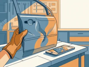 Gehandschoende technicus inspecteert deuk in autoportier in carrosseriebedrijf, smartphone met foto van schade op werkbank.