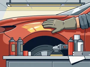 Autoruithersteller strijkt met gehandschoende hand over gladde, deukvije carrosserie naast spuitbussen en polijstgereedschap.