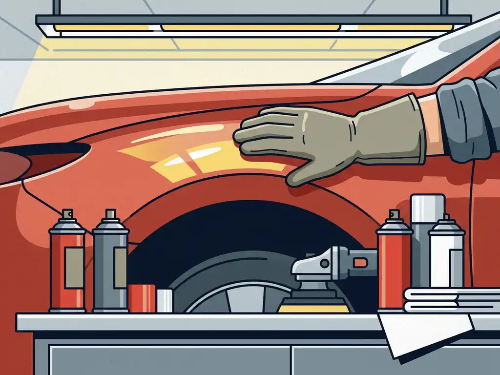 Autoruithersteller strijkt met gehandschoende hand over gladde, deukvije carrosserie naast spuitbussen en polijstgereedschap.