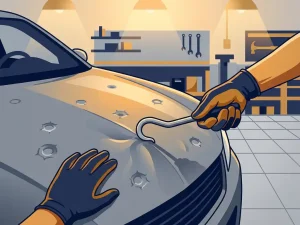 Technicus herstelt hagelschade op motorkaap met paintless dent repair gereedschap in professionele werkplaats.