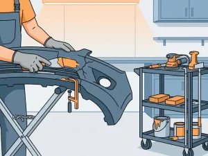 Technicus die vulmiddel aanbrengt op beschadigde plastic autobumper, gereedschap op stalen trolley, gestileerde vectorillustratie.
