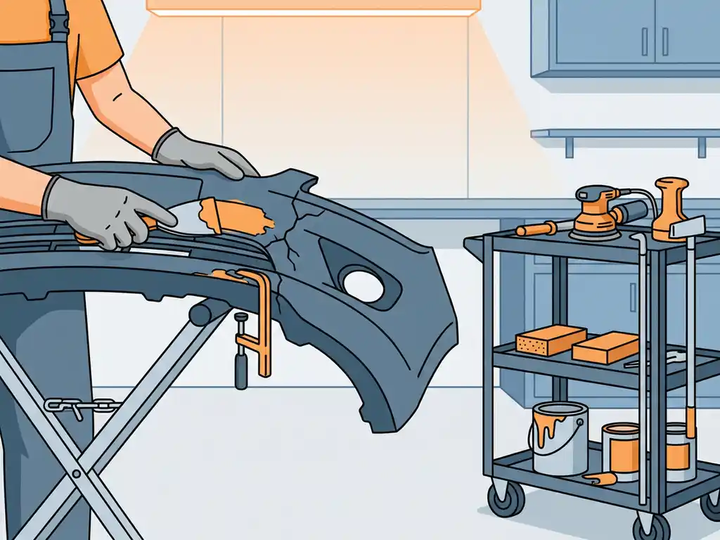 Technicus die vulmiddel aanbrengt op beschadigde plastic autobumper, gereedschap op stalen trolley, gestileerde vectorillustratie.