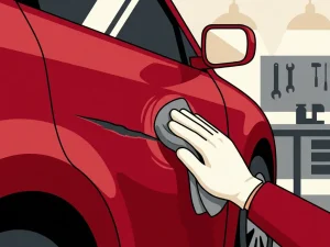 Krasreparatie op glanzend rode autoportierdeur, hand met polijstdoek in werkplaats met zachte verlichting.