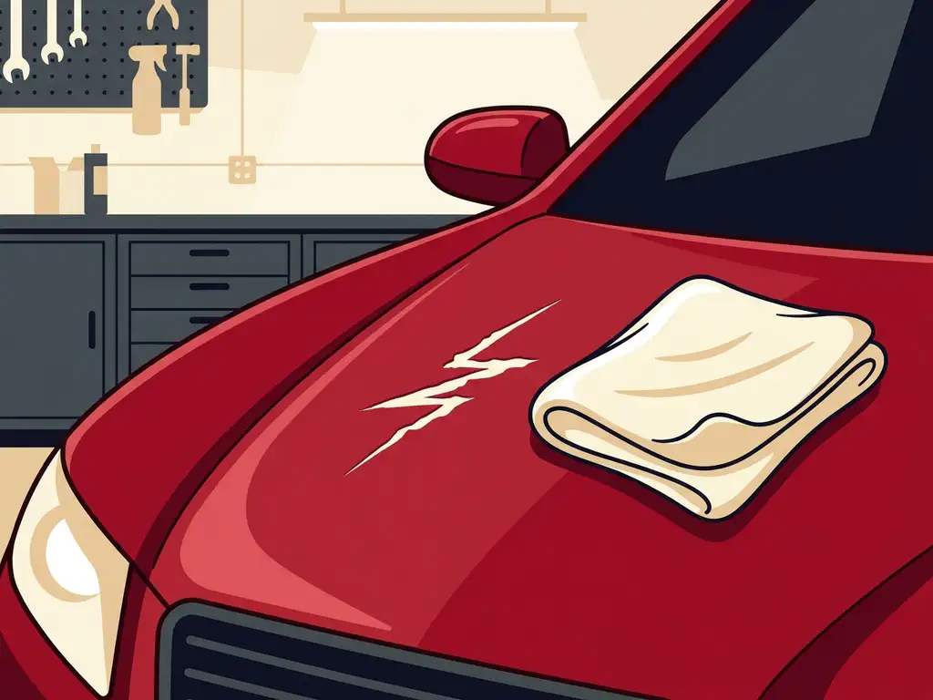 Kras op glanzend rode autoportierlak met een zachte polijstdoek ernaast in een nette werkplaats.
