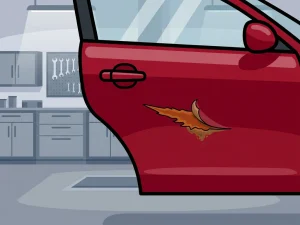 Kras op glanzend rode autodeur met lichtelijk loslaten van lak en roestvorming, vlakke vectorillustratie in autoreparatiewerkplaats.
