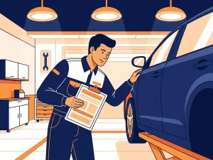 Monteur in werkkleding inspecteert autoportier op schade met klembord in moderne garage.