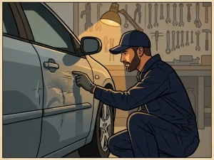 Monteur inspecteert deuken en krassen op een autoportier in een werkplaats met gereedschap op de achtergrond.