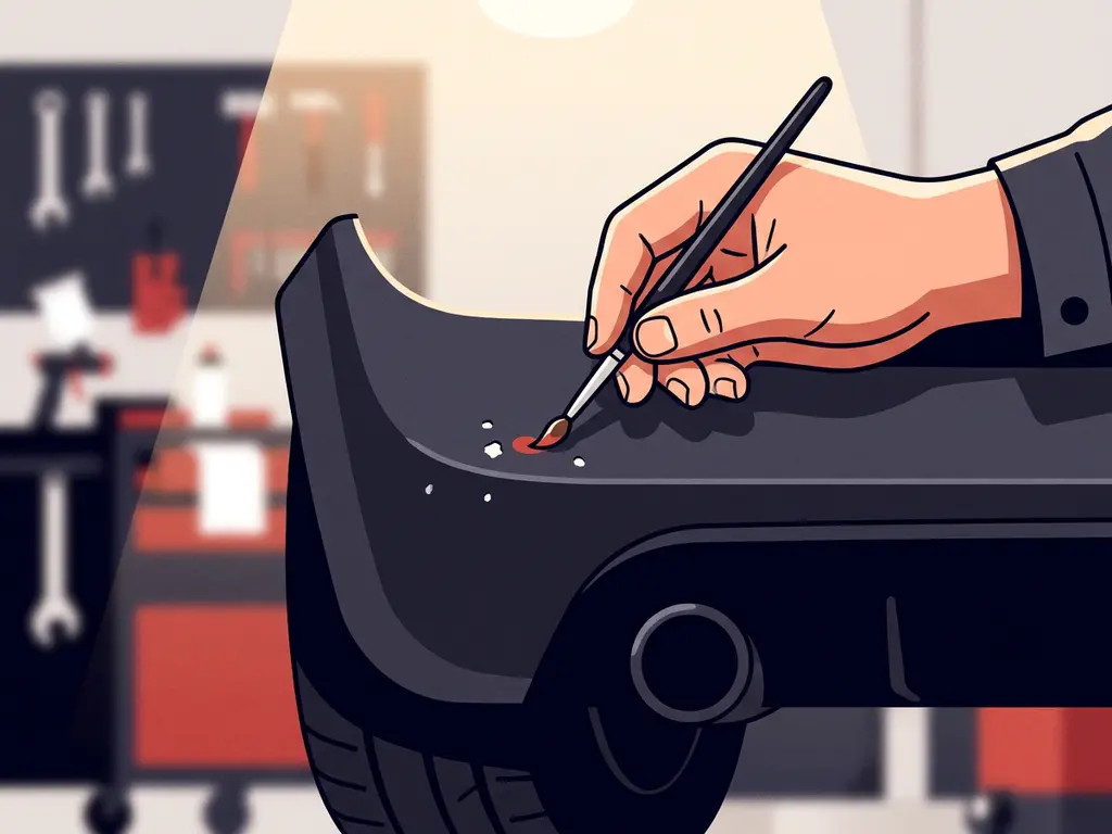 Specialist die steenslag op een donkere autobumper retoucheert met een penseel in een werkplaats.
