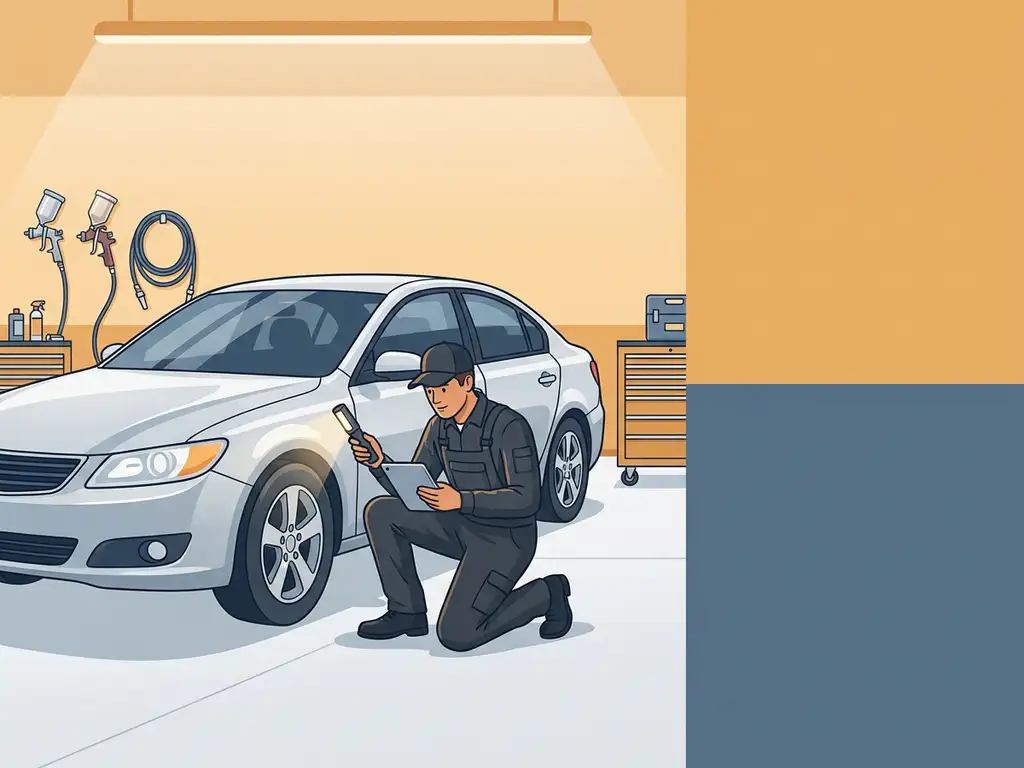 Autoschadehersteller in overall inspecteert glanzende zilveren auto in professionele spuitwerkplaats.